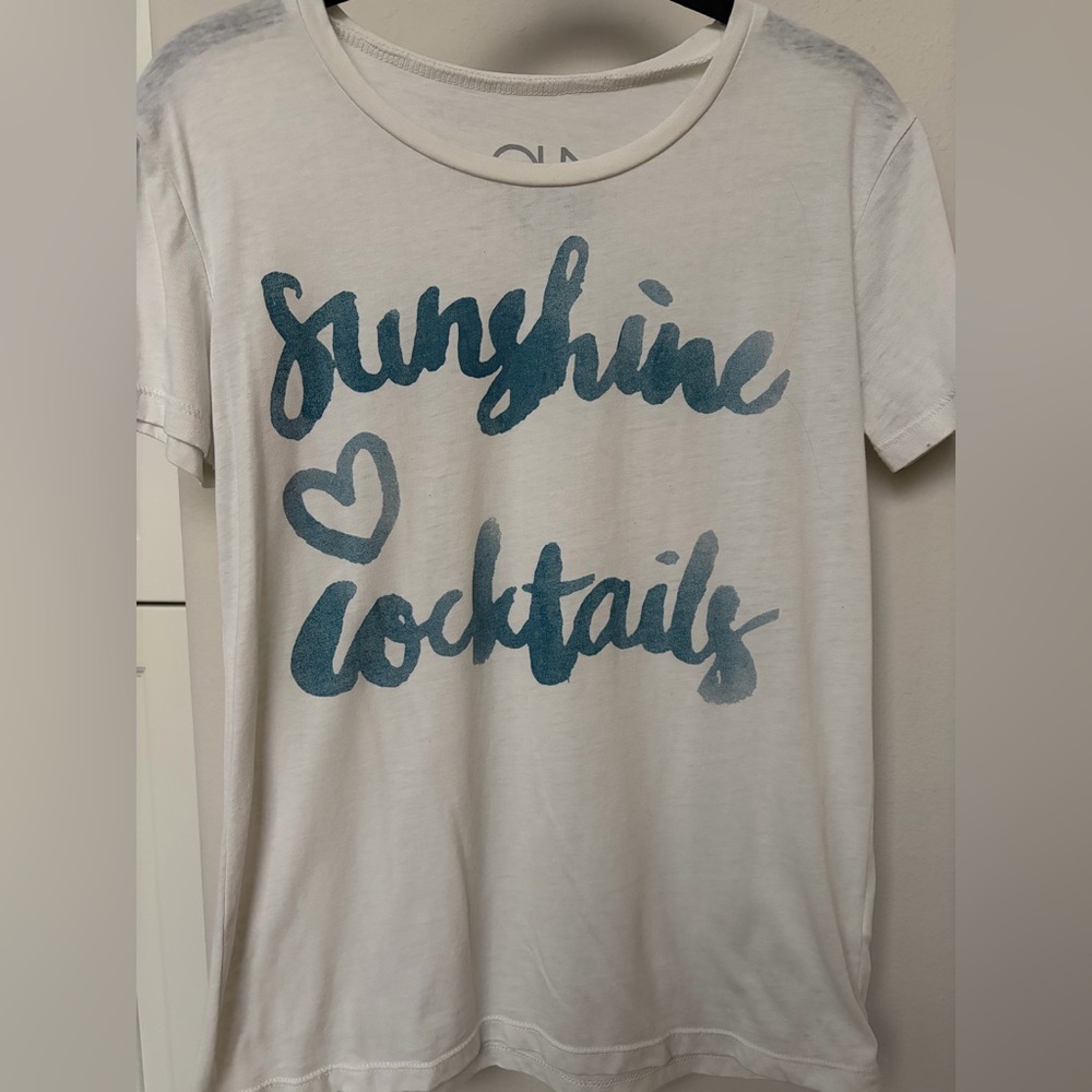 Chaser White Tee with Teal Script "Sunshine Cocktails"